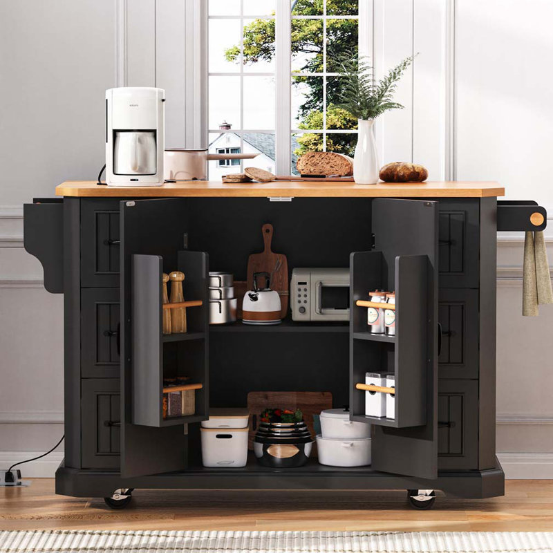 Kitchen Island with Drop Leaf, Power Outlet, 4 Door Shelves, 4 Wheels with 6 Deep Drawers for Kitchen, Black