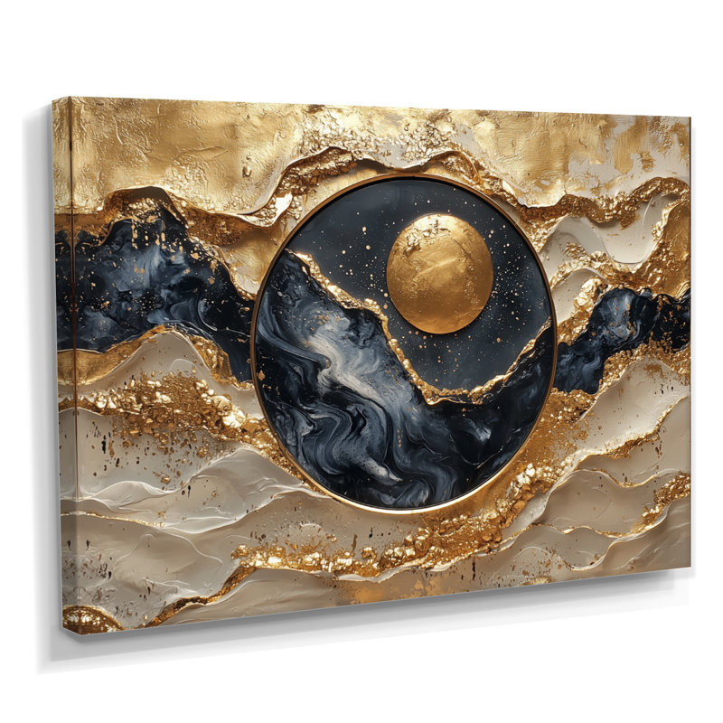 «Golden Eclipse On Marble Dancing Waves II», art mural réalisme abstrait, Toile tendue, H 16 po x l 32 po, Ne s’applique pas