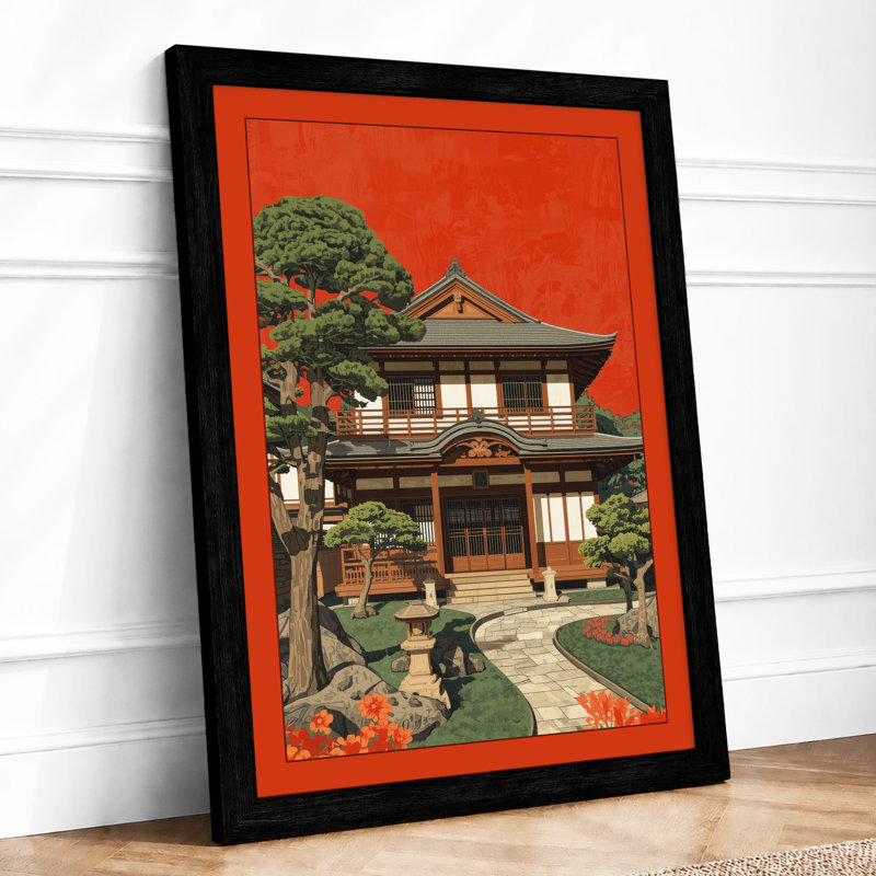 Japanese House with Pine Japandi - Framed Print, A2 - 59.4 x 42.0 cm, Black