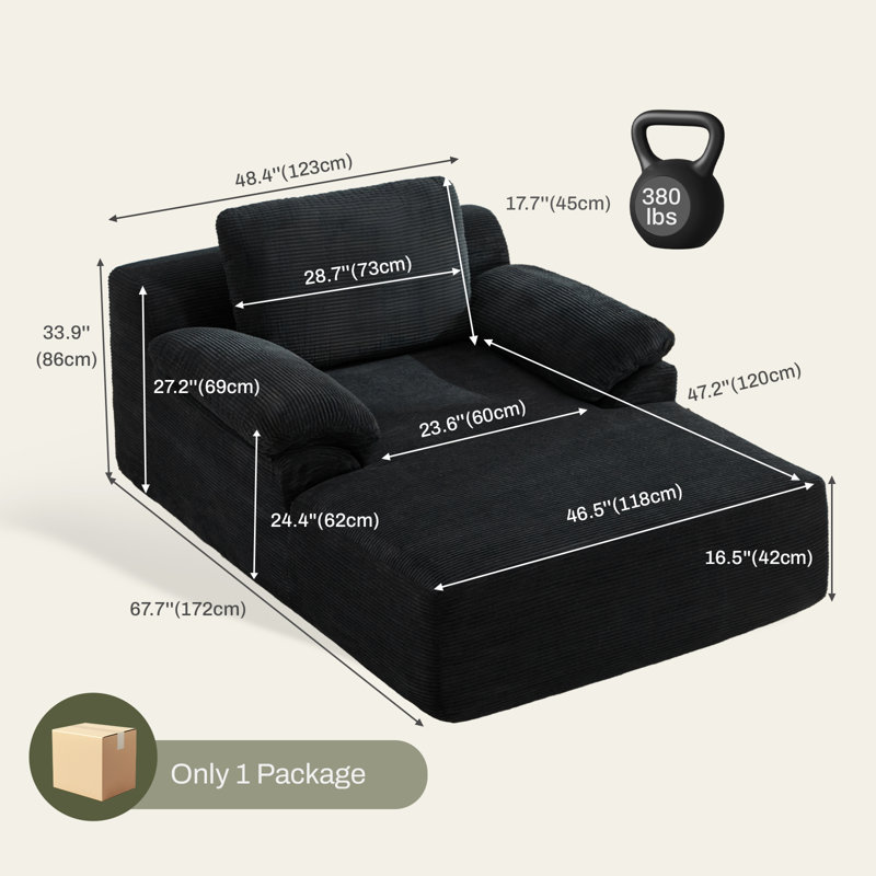 Boneless 68" L X 48" W Oversized Chaise Lounge Chair Corduroy Upholstered Sleeper Sofa Bed With Wide Pillow Armrest - No Assembly Required