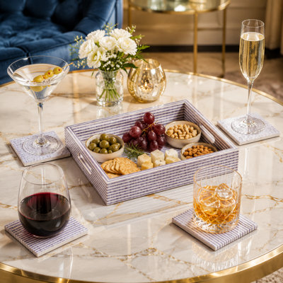 Ensemble de 4 plateaux de service et sous-verres fabriqués à la main à fines rayures 