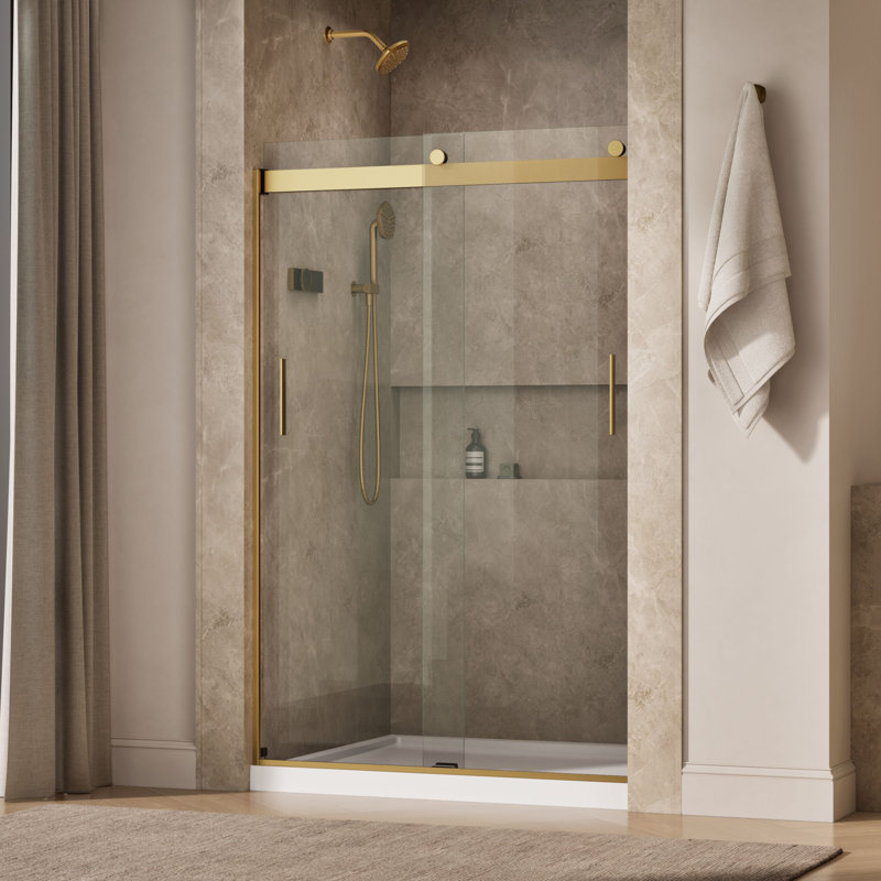 Levity 47.58" x 74" Bypass Shower Door with CleanCoat® Technology, Moderne Brass, Crystal Clear