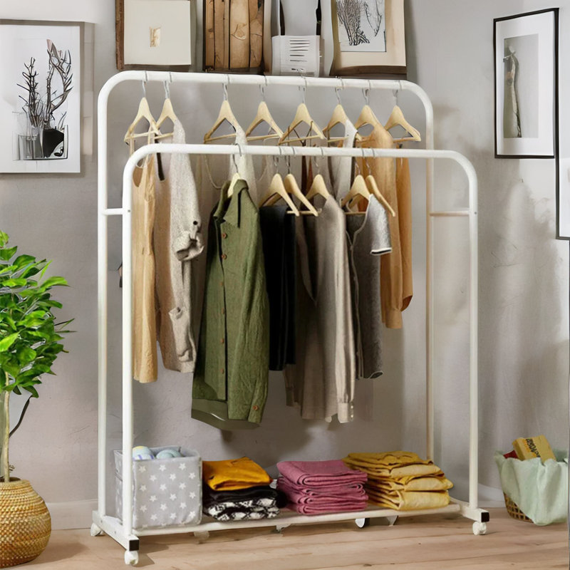 Auria Heavy Duty Metal Clothes Rail Open Wardrobe On Wheels With Storage Shelf