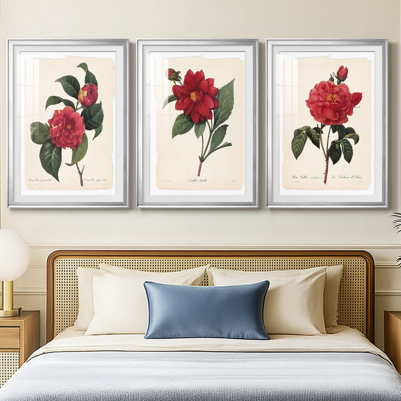 Red Botanical I - reproduction encadrée sur mesure de qualité supérieure mate - 3 pièces, H 15 po x l 19 po, Argent argent