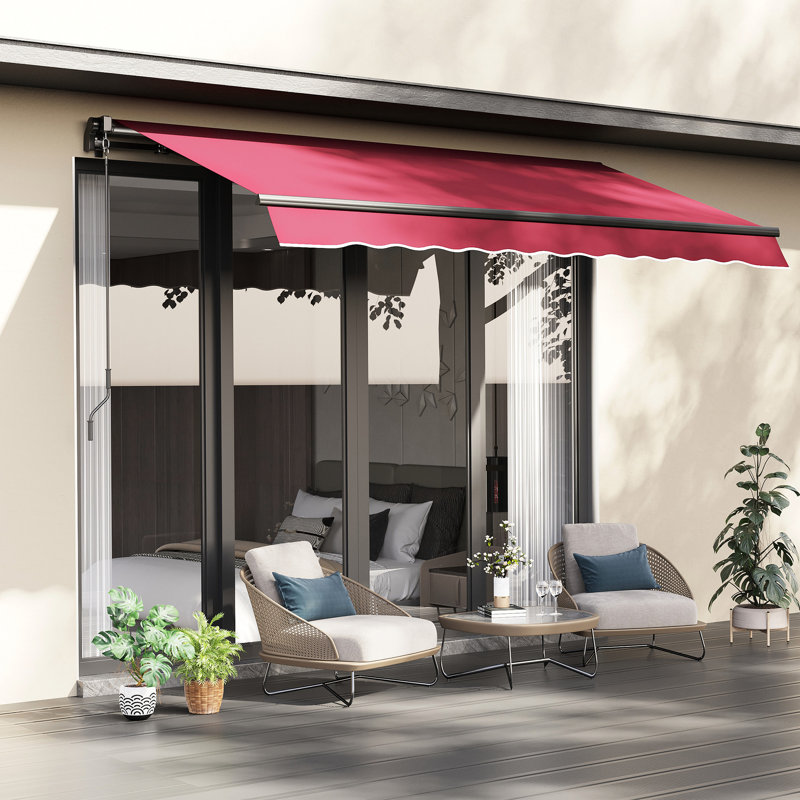 Red 10' X 8' Retractable Awning, Patio Sunshade With Manual Crank. & Water- Fabric, Aluminum Frame For Deck, Yard, Balcony. Butterscotch Moss