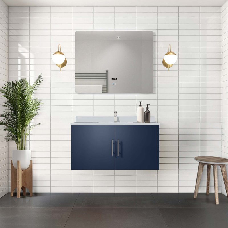 Ensemble de meuble-lavabo avec robinet et miroir DEL, Marine, Quartz blanc