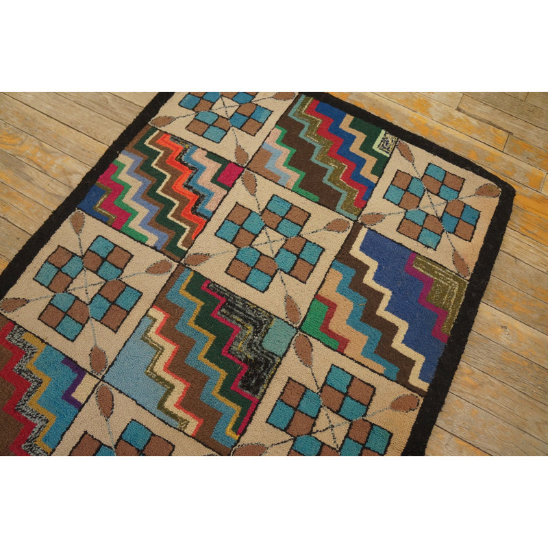 1925 Multicolor Small Scatter Size Hooked American Antique Wool Rug