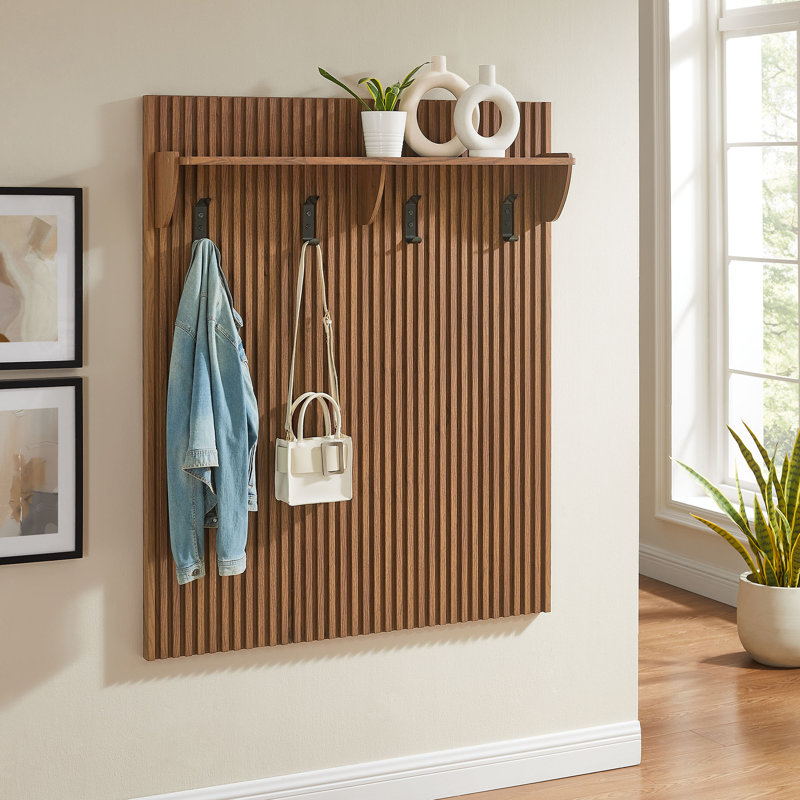 Render Fluted Coat Rack Panel With Shelf In Walnut, Walnut