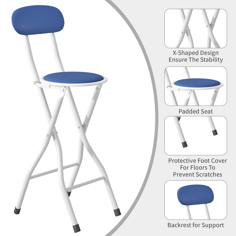 Upholstered Counter Stool with Metal Frame, Blue/White