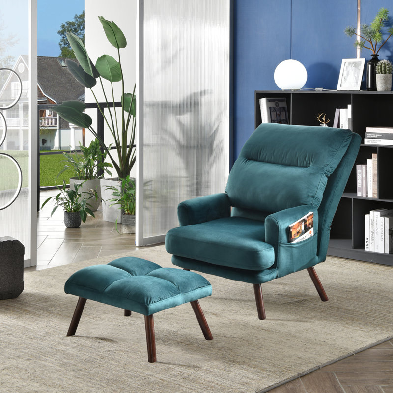 Velvet Accent Chair with Ottoman, Dark Brown, Green Velvet