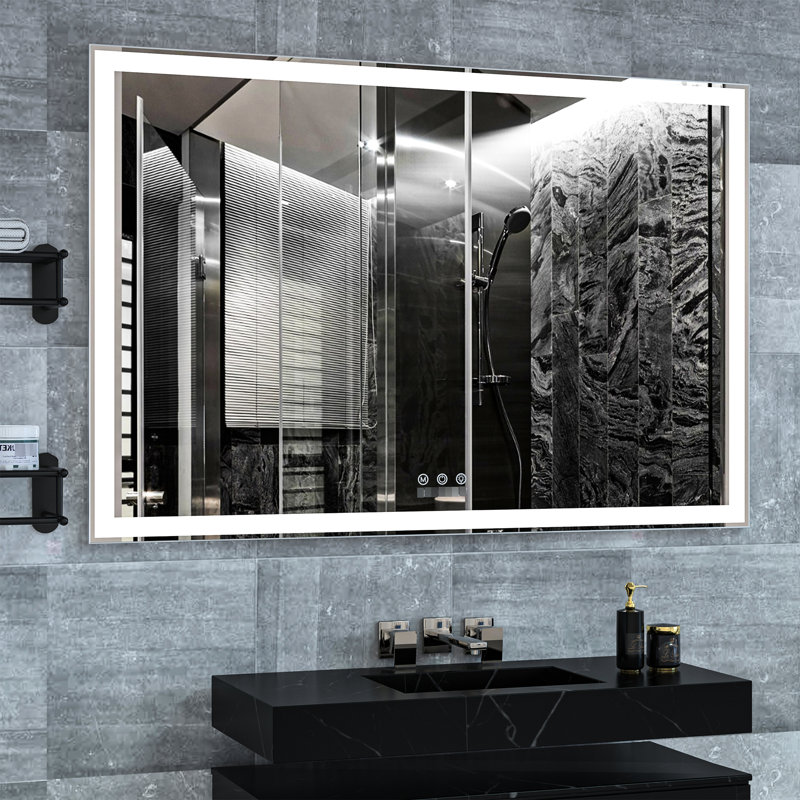 Miroir de salle de bain surdimensionné de 60 x 40 pouces avec éclairage DEL, étanche, cadre en aluminium stable et fiable, 3 modes de couleur, système de commande tactile intelligent avec options de sécurité et mécanisme de contrôle.