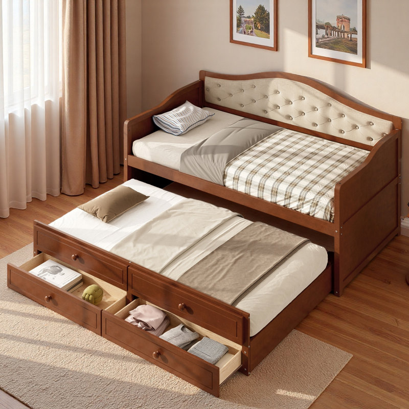 Wooden Daybed With Trundle, 2 Storage Drawers And Upholstered Button Tufted Backrest, Walnut