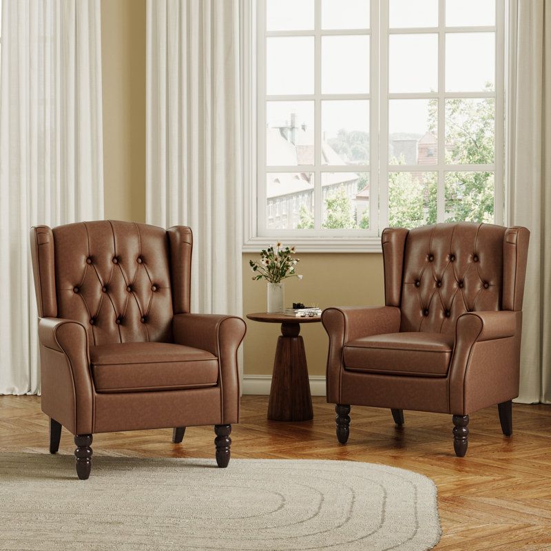 74 Cm Wide Tufted Armchair, Brown Faux Leather