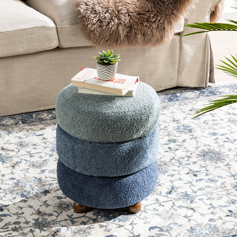 Modern Corrugated Upholstered Storage Ottoman Or Accent Stool With Rubberwood Ball Feet, Blue