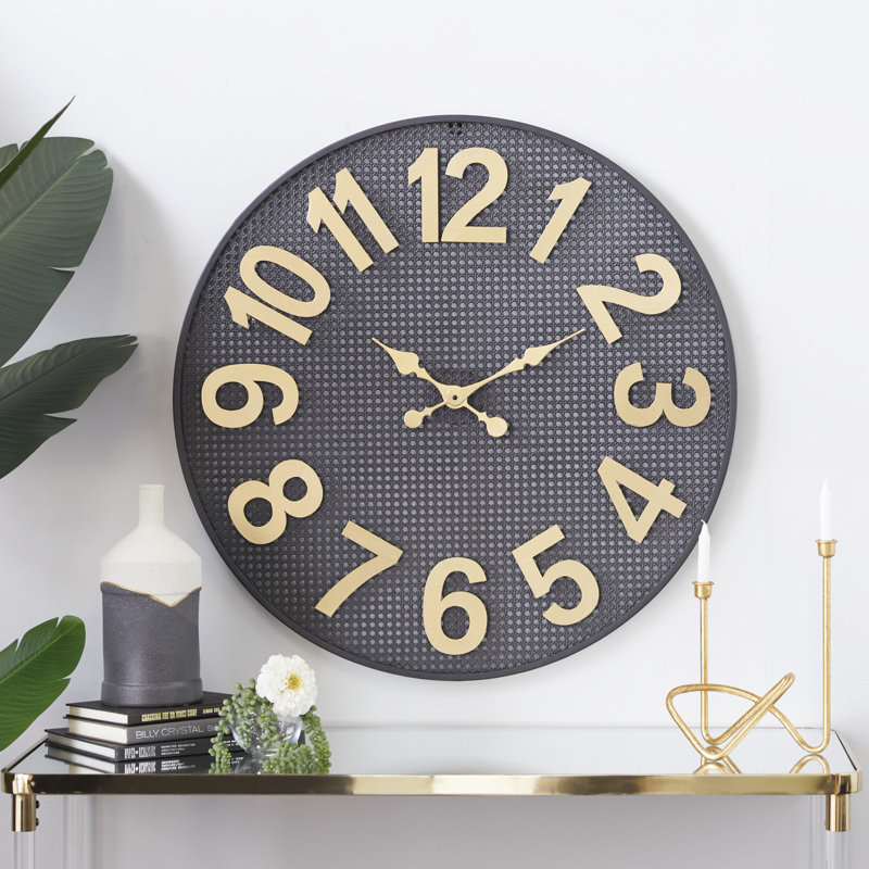 XL Black Metal Wall Clock with Gold Numbers
