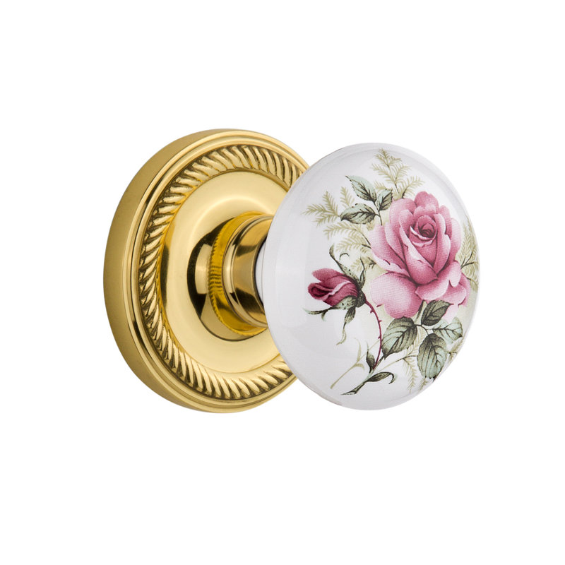 Rope  White Rose Interior Mortise Door Knob, Polished Brass