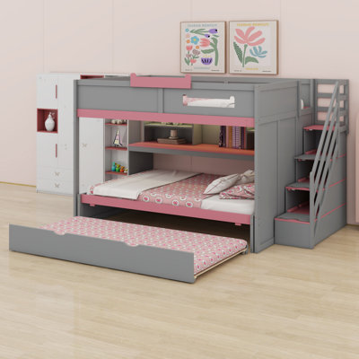 Lit superposé moderne en bois avec escalier, lit gigogne et tablettes, DEL