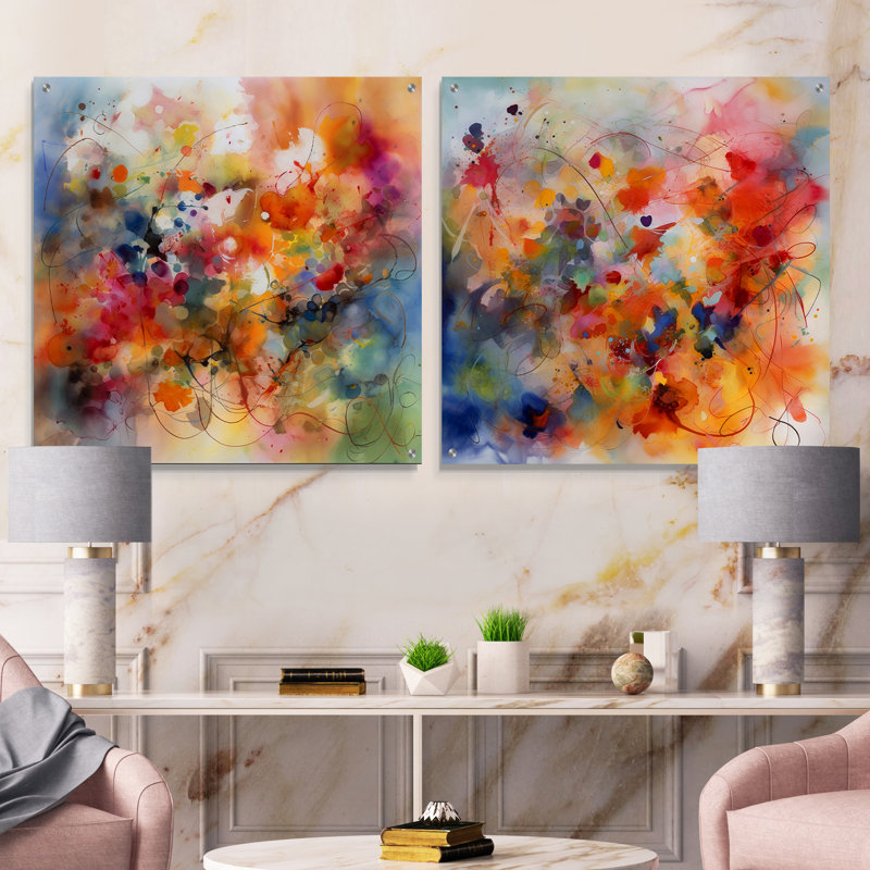 «Colorful Transformations Of Flow I» - Ensemble de 2 art mural en acrylique à encre liquide abstraite, H 36 po x l 73 po