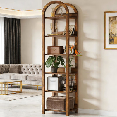 Bibliothèque arquée à 6 niveaux, élégante et peu encombrante, idéale pour les petites pièces, style rustique moderne, présentoir à livres, grain de bois brun, rangement facile à assembler, lecture sophistiquée