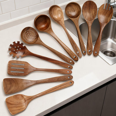 Ensemble d'ustensiles en bois d'acacia 10 pièces pour la cuisine, ustensiles de cuisine en bois naturel pour batterie de cuisine antiadhésive avec finition lisse, cuillères et spatules robustes et durables