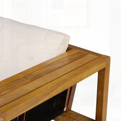 Ensemble canapé-lit extérieur en bois d'acacia avec corde tressée noire et coussins crème résistants à l'eau, capacité de charge de 363 kg, banc de patio 2 places pour jardin, piscine ou terrasse.