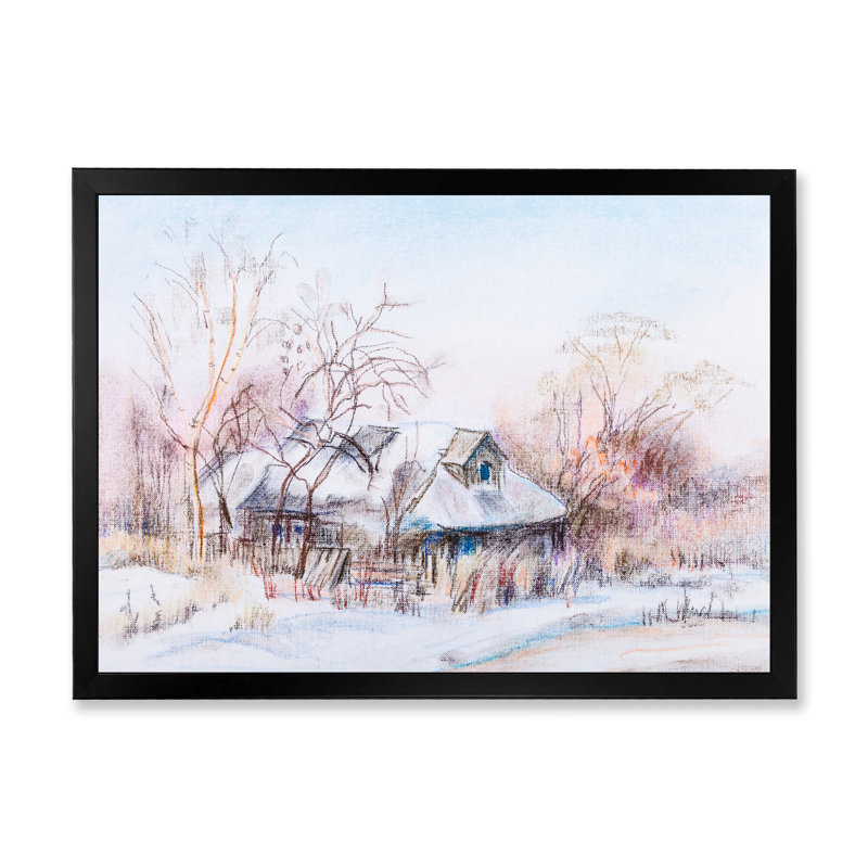 Winter Farmhouse Landscape II - reproduction de cadre flottant sur toile, Cadre noir, H 8 po x l 12 po x P 1 po