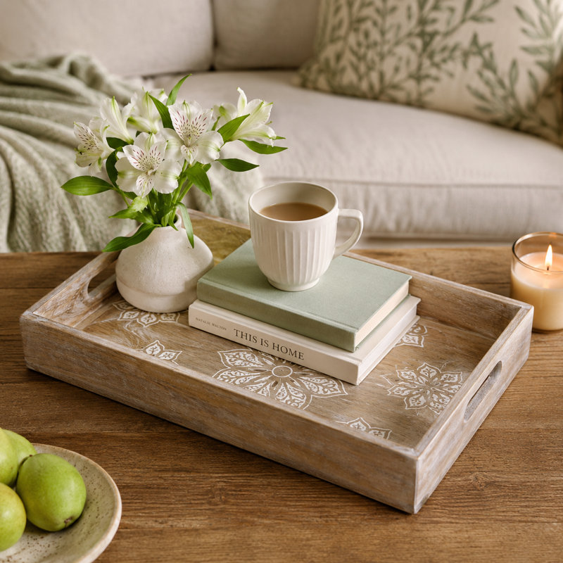Handcrafted Whitewashed Mango Wood Serving Tray , 2" H x 14" W x 10" D, White