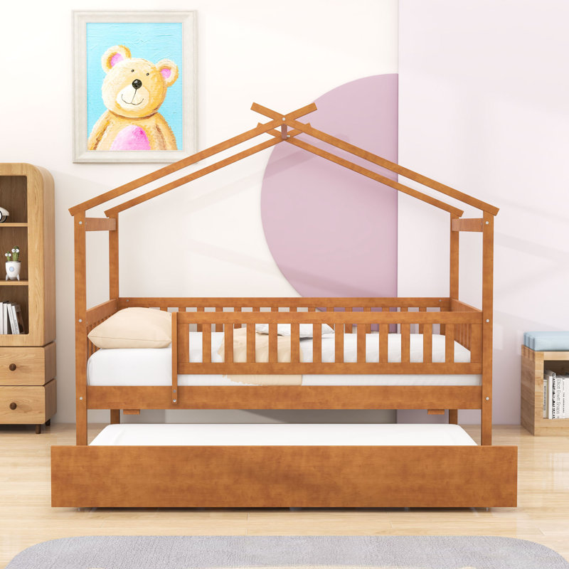 Lit simple en bois avec lit gigogne et garde-corps, Simple, Noyer