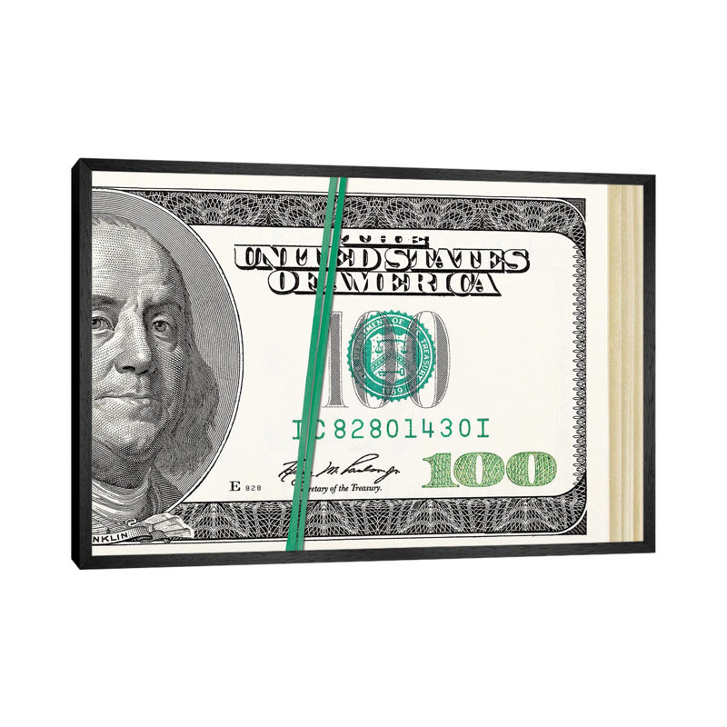 Folded Hundreds - Print on Canvas, 101.6cm H x 152.4cm W x 3.81cm D, Black Framed