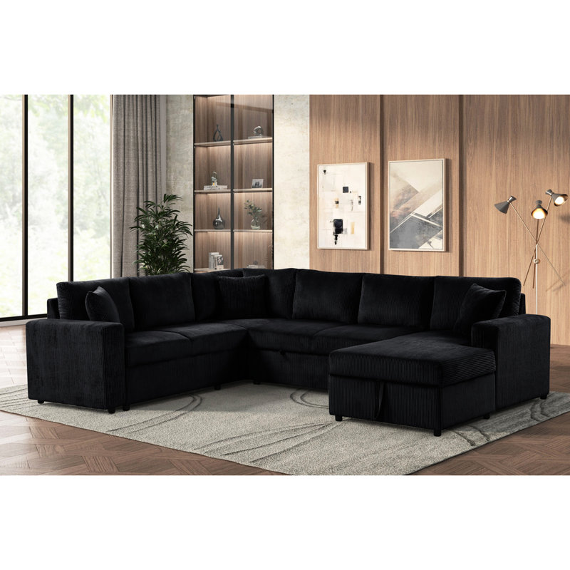 Canapé-lit modulaire en velours côtelé de 123 po de largeur avec méridienne avec rangement à droite et coussins décoratifs