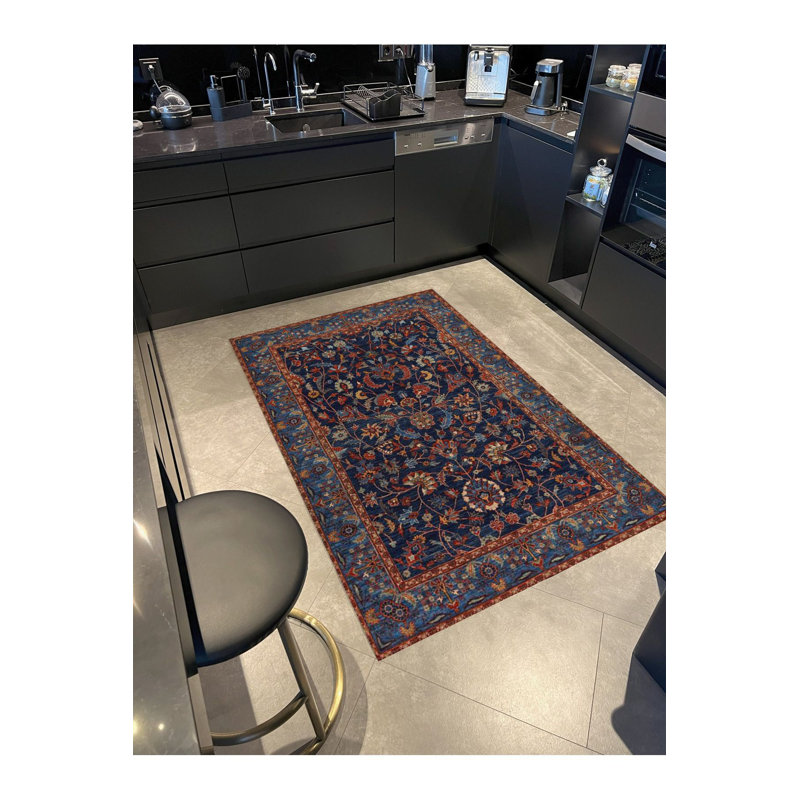 Tapis décoratif bleu marine à motif floral, Sous-tapis carré 3 pi 3 po inclus