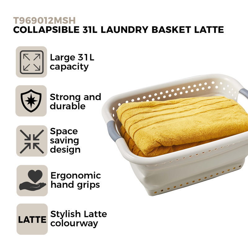 Tower T969012MSH Collapsible Laundry Basket with Pop-Up Design, 42L, 7.5 x 61 x 45cm, Latte