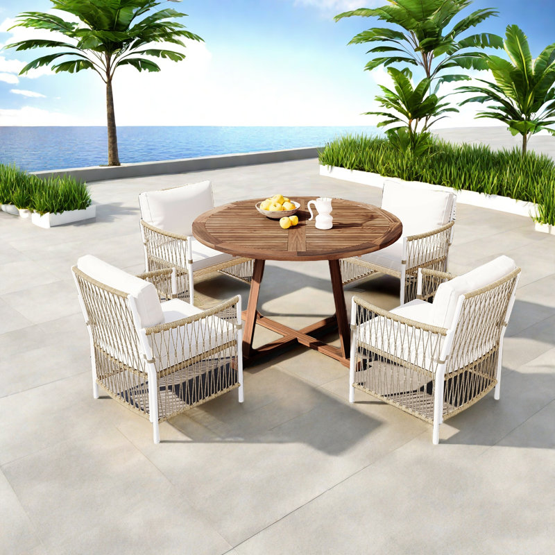 Ensemble de table de salle à manger 5 pièces pour patio inclus 1 table basse extensible, 4 fauteuils en rotin avec coussins et structure en fer