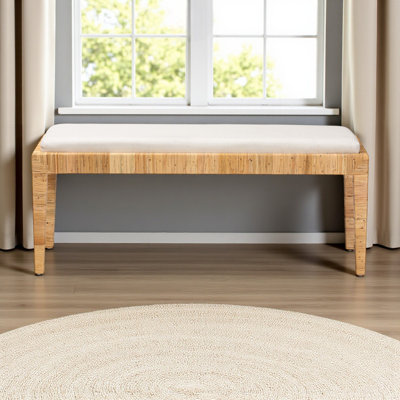 Banc Malina en rotin naturel brun et bois d'acajou, H 19,82 po x l 47,71 po x P 15,52 po