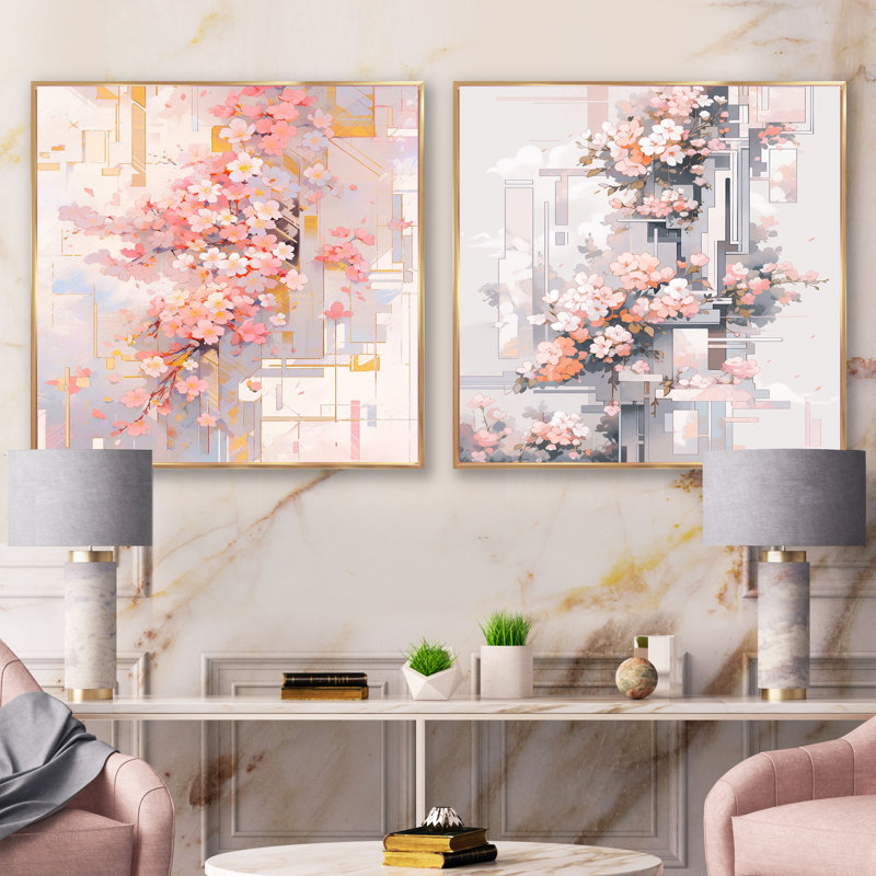Contemporary Cherry Blossom Bold Stripes - Ensemble de 2 carrés de fleurs de cerisier, H 16 po x l 33 po, Cadre flottant doré