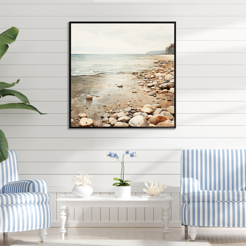 Coastal Pebble Beach I - Art mural minimaliste côtier, Cadre flottant noir, H 30 po x l 30 po x P 1,5 po