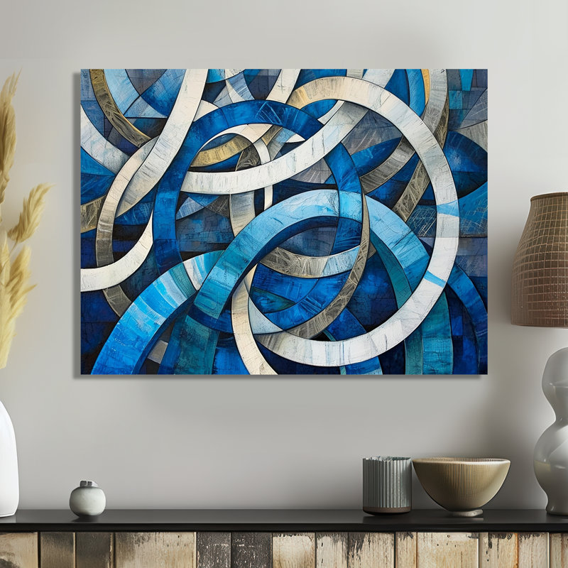 «Blue and White Whirling Rings II», art mural abstrait, Métal métal, H 12 po x l 20 po x P 1 po