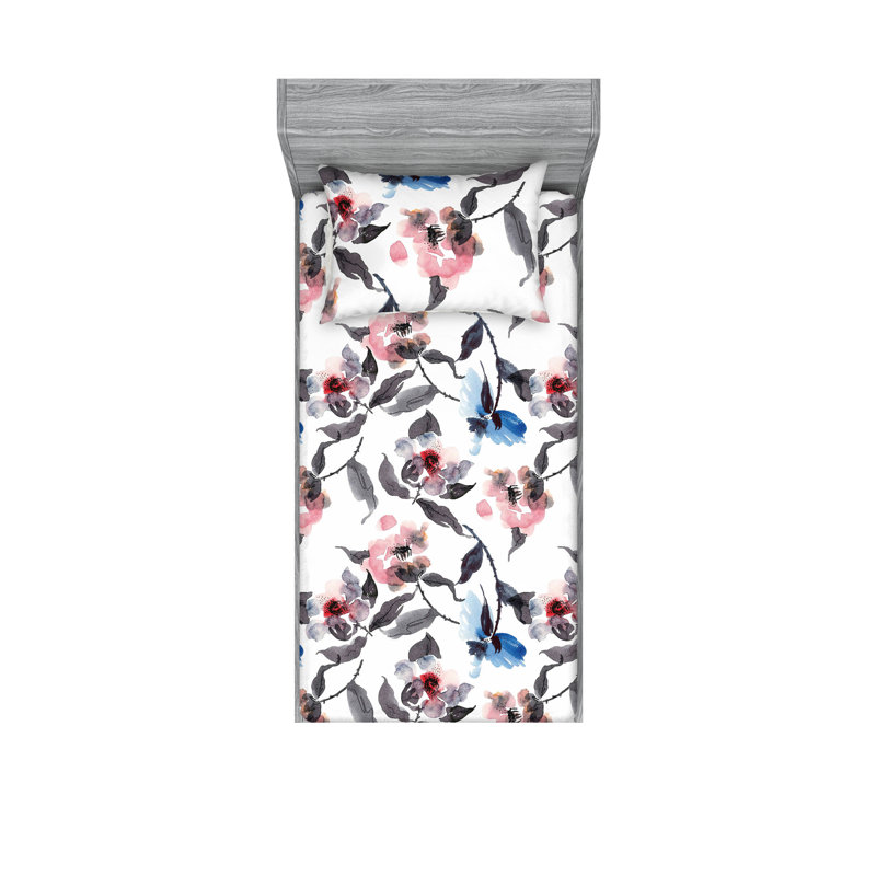 Drap-housse et taies décoratives 3 pièces Ambesonne, Gris pâle, rose, bleu / floral