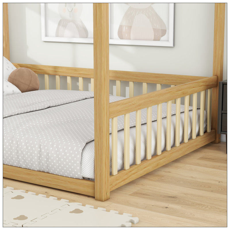 Lit en bois d'hévéa avec clôture Canopy, Naturel