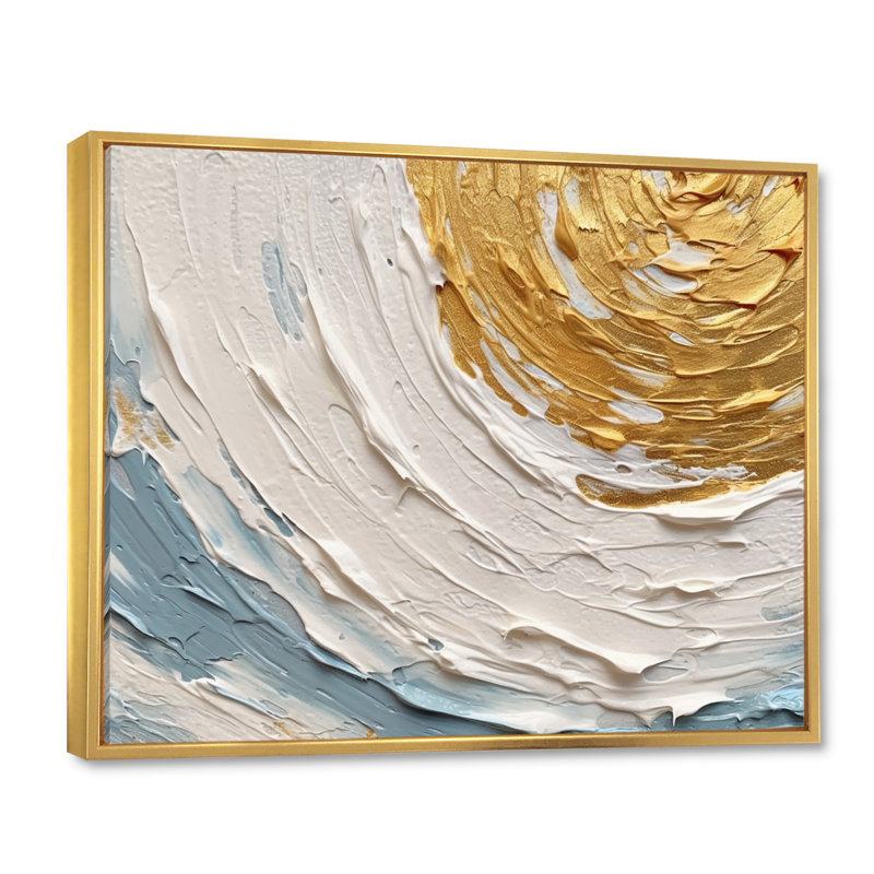 Art sur toile, spirales abstraites dorées et bleues II, H 34 po x l 44 po x P 1,5 po, Cadre flottant doré
