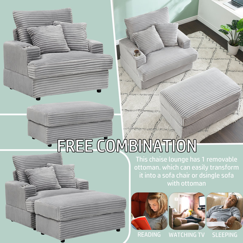 39" Wide Corduroy Upholstered Chaise Lounge Chair Accent Chair with Cup Holder for Living Room, Bedroom, Office, Gray