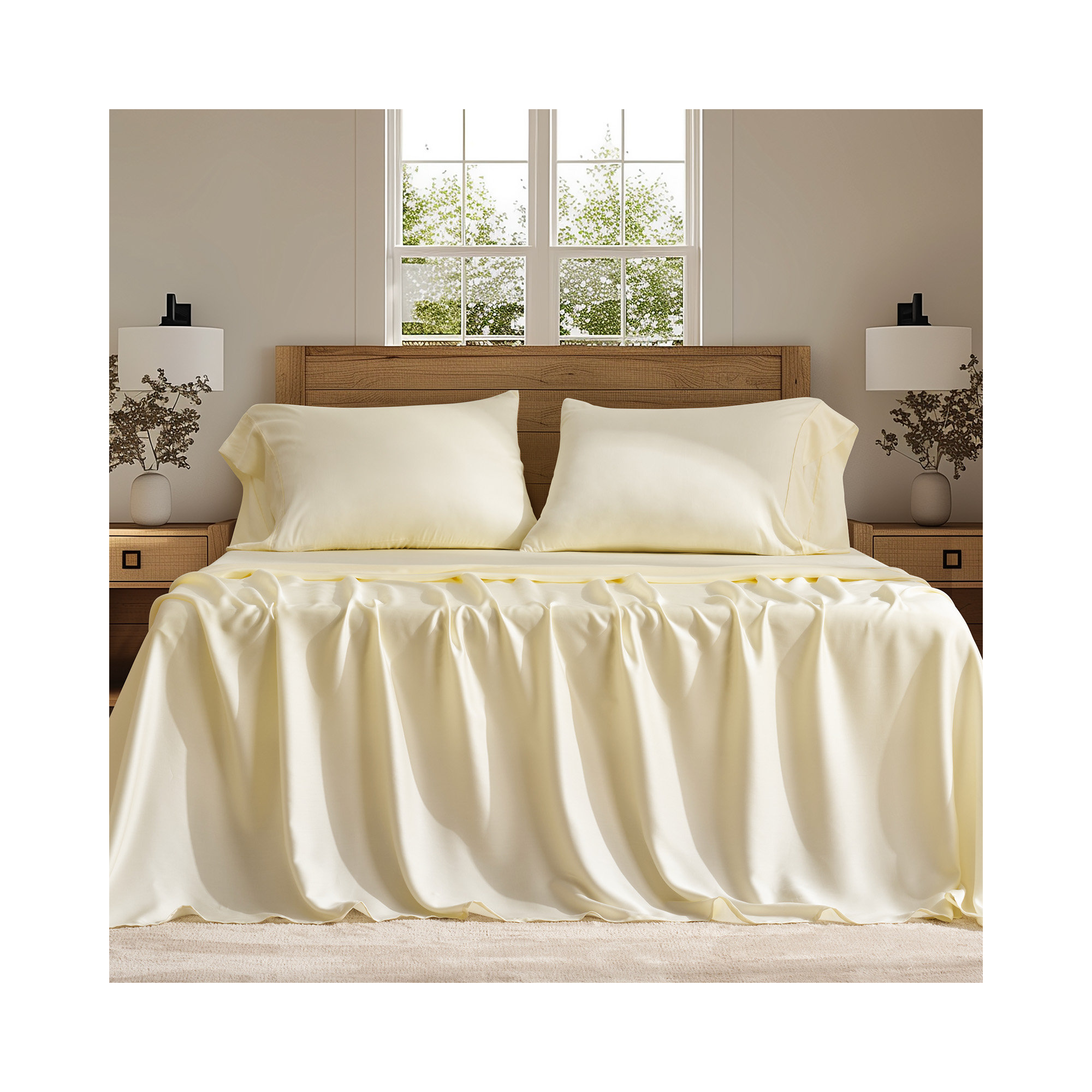 Tencel Sheet Set 4 Pieces, King Sheet Set + 1 Fitted Sheet + 2  Pillowcases, Cream White