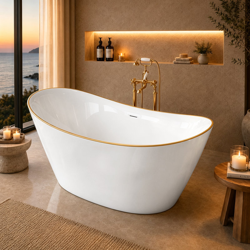Baignoire de salle de bain autoportante 51 po. X 27,56 po. En acrylique lustré blanc brillant