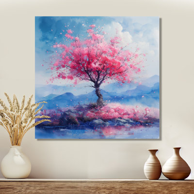 Pink Blue Blooming Garden Cherry Blossom - Cherry Blossom Wall Art Print