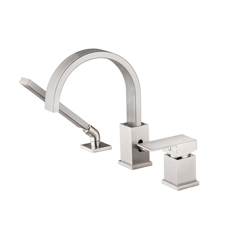 Waterfall Bathtub Faucet With Sprayer, 3-Hole Roman Tub Filler With Hand Shower Deck Mount Waterfall Tub Spout Set