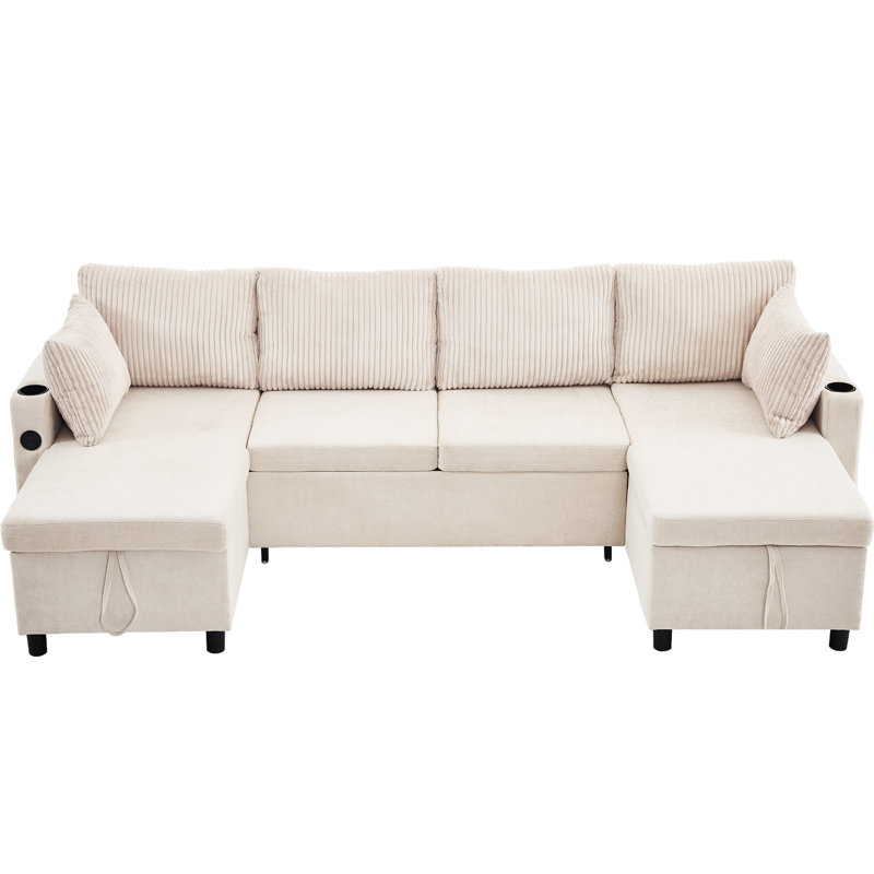 Canapé-lit modulaire de 113,4 pouces avec rangement, ports USB et porte-gobelets pour les salons modernes., Beige
