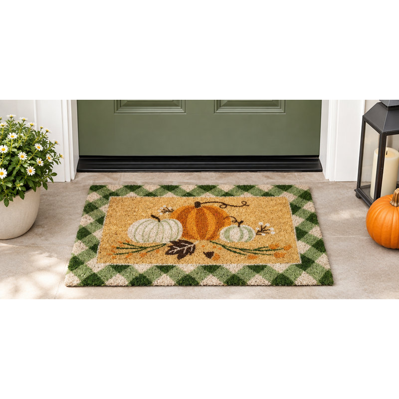 Tapis de porte en fibre de coco à carreaux citrouille - 45,7 x 76,2 cm (18 x 30 po) avec envers en caoutchouc