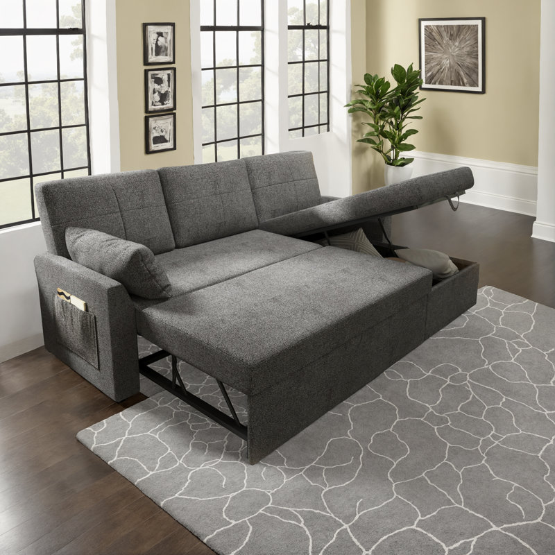 Baerl 84" Sofa Bed Pull Out Bed with Storage Chaise, Grey Chenille