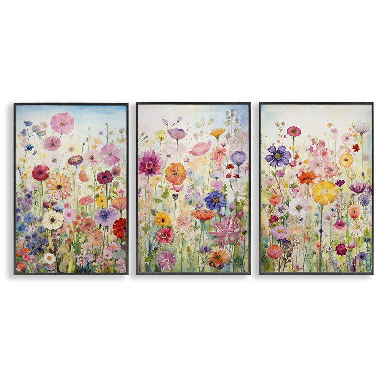  «Bold Flower Meadow Horizon», ensemble de 3 giclées sur papier par RB, H 30 po x l 20 po, Giclée encadrée noir minuit