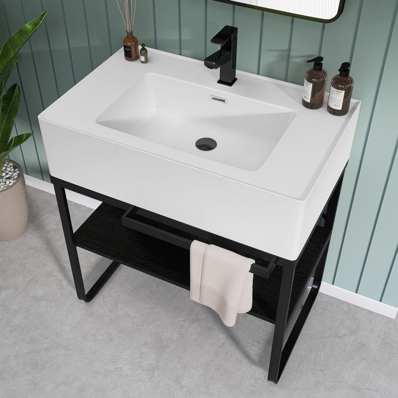 31 po Lavabo de salle de bain rectangulaire autoportant blanc avec pieds en métal noir